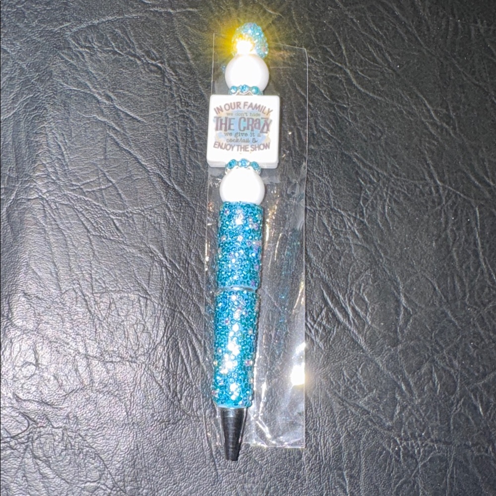 Glittery Aqua and White Pen “ENJOY THE SHOW” focal Bead w/ Rhinestones, NEW